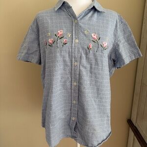 Vintage Blue and White Gingham Floral Embroidery Grandma Button Up Basic Edition